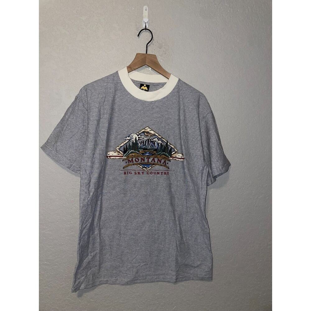 90s Vintage MT Montana Last Best Place Gray Striped Shirt Tee VTG L Large 1990s